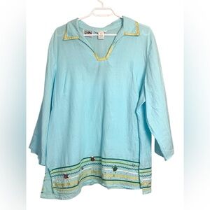 Malcolm & co 11 100% Irish Linen Pale Teal Tunic Embellished 3/4 Sleeves